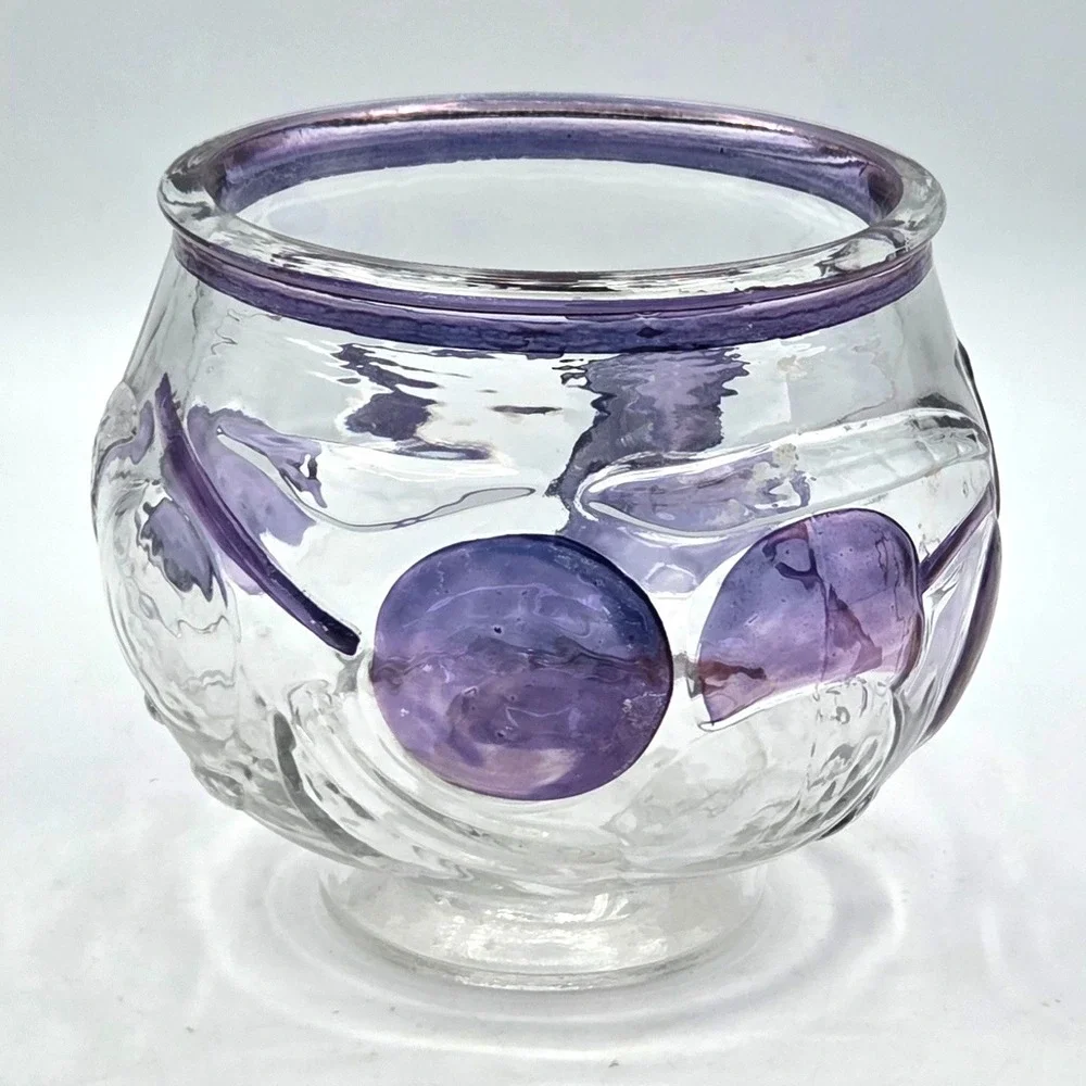 RETRO Art Glass‎ Candle Holder Or Bowl Purple and Clear Raised Design